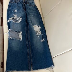 Distressed Blue Wide-Leg Jeans